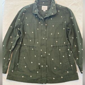 Old Navy Dark Olive Utility Jacket with White Daisy Embroidery